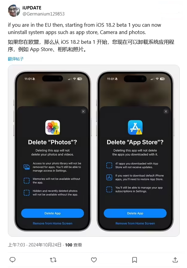 屯昌苹果手机维修分享iOS 18.2 支持删除 App Store 应用商店 