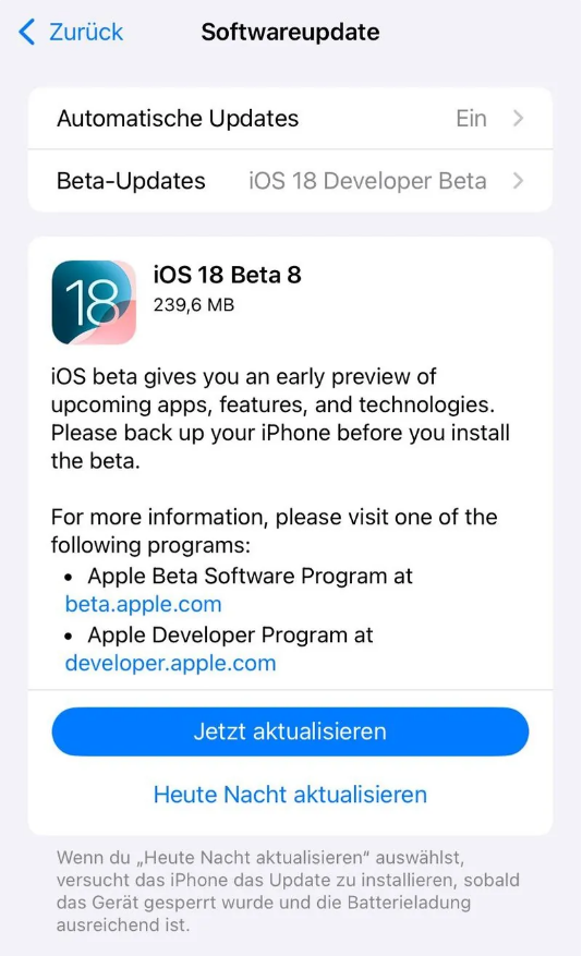 屯昌苹果手机维修分享苹果 iOS / iPadOS 18 开发者预览版 Beta 8 发布 